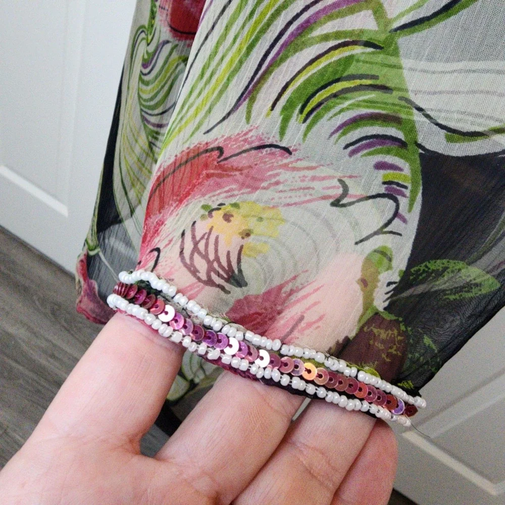 S Embellished Sequin Sheer Cover Up Dress Top Black Floral Resort‎ Cruise Beach